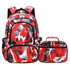 Yvechus Camo Backpack Set with Lunch Bag Lightweight Waterproof School Backpack Bookbag for Boys Girls (A-Style Camo Red)