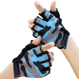 CubePlug Kids Half Finger Fingerless Cycling Gloves - Breathable, Non-Slip, Shockproof, UV Protection Kids Mittens - Perfect for Outdoor Sports, Training, Climbing, Skateboarding (Camo Blue, S)