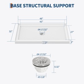 48" x 32" Shower Base, Shower Pan with Slip Resistant Textured Surface, CUPC, CSA Certified Acrylic and Fiberglass Shower Floor Base, Center Drain and Removable Stainless Cover (Center Drain, White)