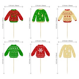 24 piezas de suéter feo con brillantina para cupcakes, adornos dorados, verdes y rojos, árbol de Navidad, ciervos, copos de nieve, cupcakes, púas de invierno, Feliz Navidad, Año Nuevo, festividades, fiestas, suministros de decoración de pasteles