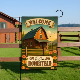FLAGMEUP8386 Farm House Welcome Garden Flag – “To Our Homestead” Rustic Banner with Red Barn, Mini Tractors & Flowers, 12x18 Inch Double-Sided Weatherproof Polyester