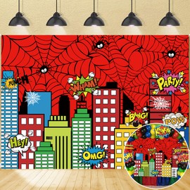 Super City Theme Red Spider Web Photography Backdrop Skyline Buildings Citycape Photo Background Kids Boys Birthday Party Decoration Banner Props (8x6FT（240x180cm）)