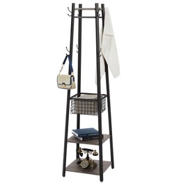 VECELO Industrial Coat Rack,Enterway Clothes Stand with 2 Tier Storage Shelves and Metal Basket,Upgrade Hall Trees with 8 Dual Hooks,Antique Brown