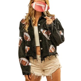 happlan Football Sequin Embroidery Rugby Cropped Frayed Hem Vintage Washed Corduroy Jacket Coat Shacket for Women(0459-Black-L)