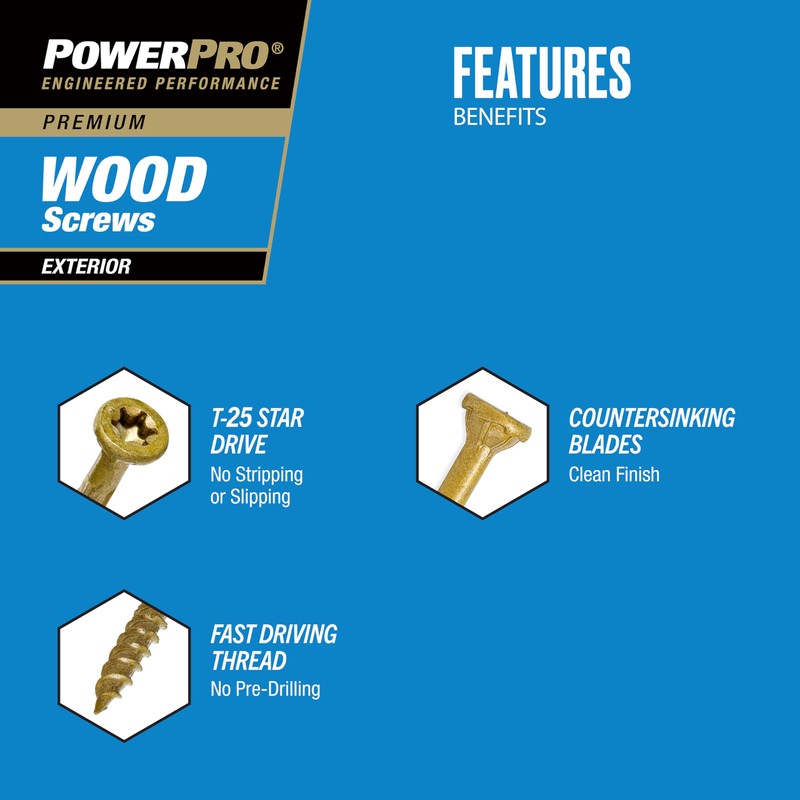 Power Pro Premium Exterior Wood Screws, #8 x 1-1/2"Inch All-Purpose
