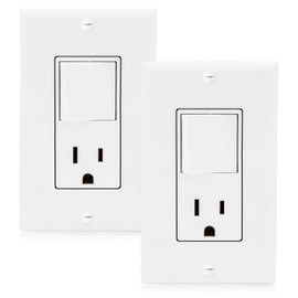 Maxxima Combination Rocker Light Switch and Outlet, Single Pole White Decor Outlet and Switch, Wall Plates Included (2 Pack), 15A / 120V AC, Combo Style, UL Listed