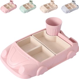 Car-shaped Tray Tableware ，Car Shaped Plate with Water Cup Sections Dish for Babies， Tray Tableware Food re-usable (pink)