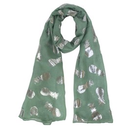 stylesilove Women Spring Summer Metallic Foil Print Lightweight Cotton Scarf Wrap Beach Shawl Cover-Up (Green + Pineapple)