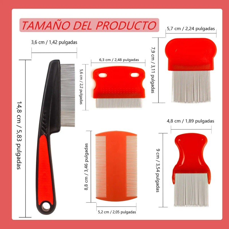 Set De 5 Peines Para Piojos Liendrera, Corto Largo Mango