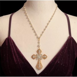 Handmade Statement Necklace Cross Necklace Golden Religious Gothic Rosary Faux Pearls New