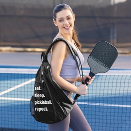 Sweet Jojo Designs Black Pickleball Bag – Sling Backpack Crossbody Paddle Travel Pickle Ball Bags Gifts for Women and Men Unisex - Sports Pun Funny Quote Sayings Eat Sleep Pickleball Repeat