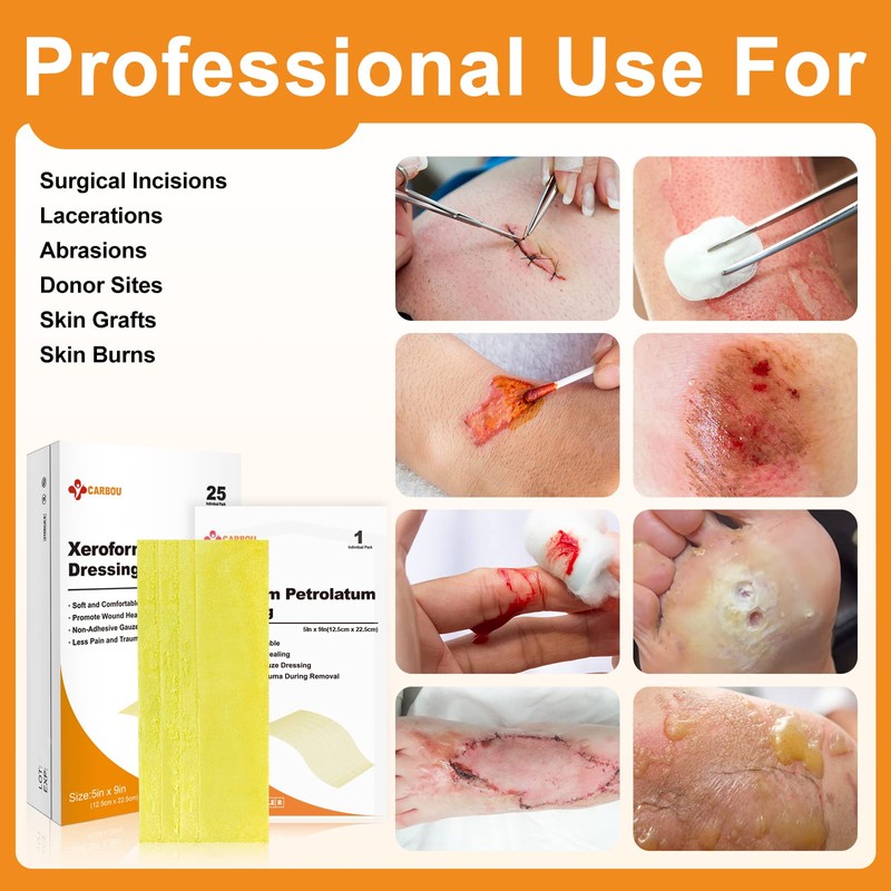 Carbou Medical Xeroform Petrolatum Dressing 5"x9", 25 Individual Pack, Non-Adherent