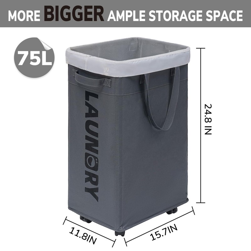 Goodpick Laundry Basket with Wheels, Laundry Hamper with Removable Wash