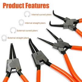 Snap Ring Pliers Set of 4, Inner Curve and Straight Snap Ring Pliers, Ergonomic Non-Slip and Shatterproof Spreading Pliers, Labor Saving, Sea Ring Pliers, Ideal for Industrial Home Applications (7