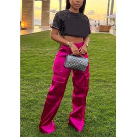 Lucuna Women's Satin Cargo Pants Y2K High Waisted Multi-Pocket Straight Leg Baggy Casual Trousers