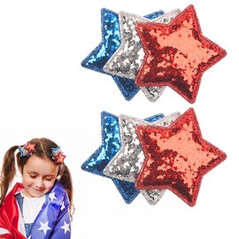 Doneace 4th of July Hair Clips Patriotic Star Hairpins for Girls Glitter Sparkly Red White Blue Sequin Star Hair Clip Independence Day Hair Accessories for Kids Baby 2PCS