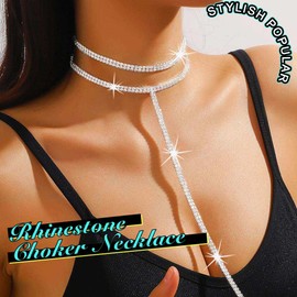 JEWEKY Rhinestone Choker Necklace Jewelry Silver Sparkly Layered Y Long Necklaces Rave Club Neck Chain for Women