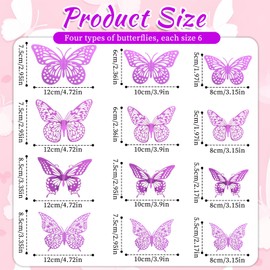 72 Pcs 3D Butterfly Wall Decor 4 Styles 3 Sizes, 3D Sequined Purple Butterfly Wall Decor Stickers, Holographic Purple Butterfly Decorations, Butterfly Party Decorations, Removable Stickers(Purple)