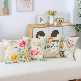 UXORSN Outdoor Throw Cushion Covers 45 x 45cm Set of 4 Square Pillow Covers Peony Daisy Flowers Bee Decorative Pillowcases Linen Floral Printed Cushion Case for Garden Bench Sofa Bed Farmhouse Decor