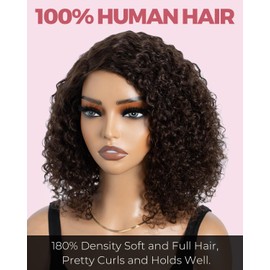 Style Icon Short Curly Bob Wigs Human Hair Wear and Go Glueless Wig for Women 10 inch Dark Brown Side Part Lace Deep Curly Bob Wigs C-Lace Jerry Curly Bob Wig (Color: 4)