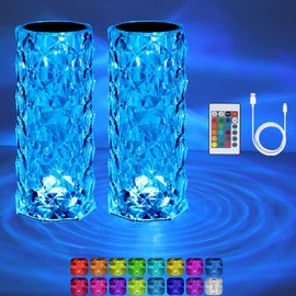 LED Table Lamps, Crystal Bedside Lamp, Acrylic Diamond Wireless Touch Dimmable with Remote Control, RGB Colour Changing Night Light, 2000 mAh, 16 Colours, for Bedroom, Living Room, Pack of 2