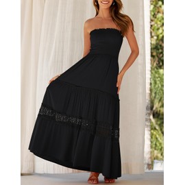 ZESICA Women's 2025 Summer Bohemian Strapless Off Shoulder Lace Trim Backless Flowy A Line Beach Long Maxi Dress,Black,Small