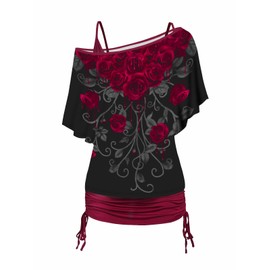 DRESSFO Women's Skull and Slogan Print Oblique Shoulder T Shirt and Cinched Ruched Tank Top Set (Wine/Large)