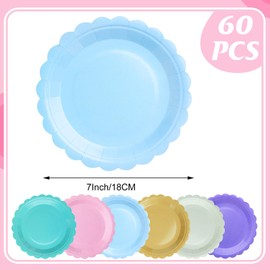 Surflyee 60 Pack Coloured Paper Plates, Birthday Plate, 7 Inch Paper Party Plates for Dinner and Dessert, Use for Wedding Birthday Picnic DIY (Flower Edges)