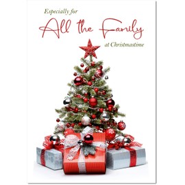 doodlecards To All The Family Christmas Card Christmas Tree and Parcels Medium Size Christmas Card for To All The Family with Plain Envelope