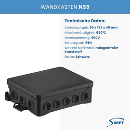 SIMET Junction box 90 x 135 x 40 mm, halogen-free, self-extinguishing, UV-resistant, IP54, FASTBOX&HOOK with hook adapter HNS, 1 piece, black