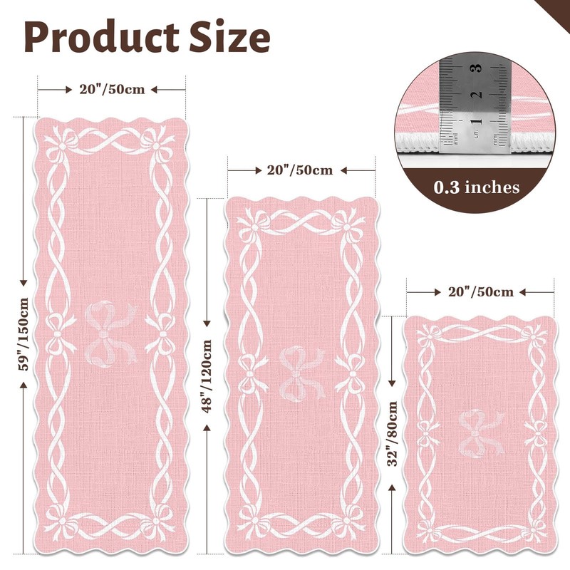 Scalloped Kitchen Rug Set of 3, Pink Bow Kitchen Mats