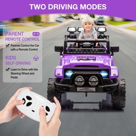 Ride On Truck Car 12V, Electric Vehicle w/Remote Control, 3 Speeds, LED Lights, Music, Spring Suspension, Ride on Car for Kids