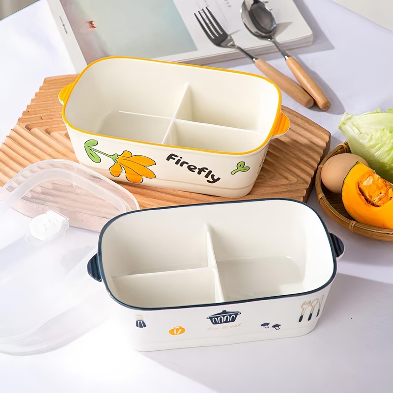 Ceramic Lunch Box with Compartment, Lunch Box with Lid, White