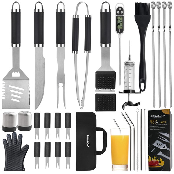 grilljoy 30PCS BBQ Grill Tools Set with Thermometer and Meat Injector. Extra Thick Stainless Steel Spatula, Fork& Tongs - Complete Grilling Accessories in Portable Bag - Perfect Grill Gifts for Men