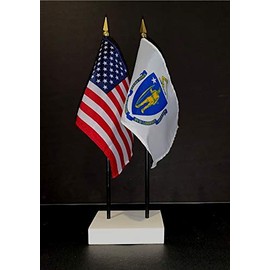 1 American and 1 Massachusetts Miniature Office Flag Set Rayon 4x6 inch Office Flag are American Made Little Hand Waving Table Flags Includes a 2-Hole White Flag Stand