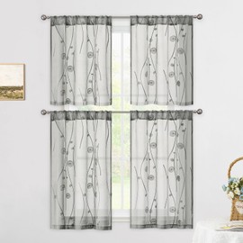 HOMEIDEAS Grey Sheer Kitchen Curtains 30 X 24 Inch Length 2 Panels Embroidered Wave Line with Spiral Pattern Short Bathroom Window Curtains for Small Window Valance Tiers