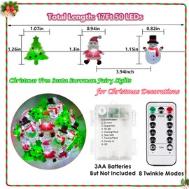 Wxuean Christmas Lights Decorations Battery Operated, 17ft 50 LED Christmas Tree Santa Snowman String Lights with Timer, Xmas Fairy Light for Indoor Outdoor Home Party Office Fireplace Garland Decor