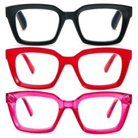 DXYXYO Reading Glasses Women 1.0 Blue Light Blocking, Oprah Style Square Oversized Computer Readers 3 Pack Retro Fashion, Pink+red+black