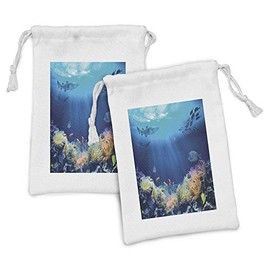 Ambesonne Underwater Fabric Pouch Set of 2, Various Fish in the Ocean Tranquil Marine Life Nautical Theme, Small Drawstring Bag for Toiletries Masks and Favors, 9" x 6", Cobalt Blue Multicolor