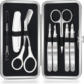 TsMADDTs Pinzas para Depilar El Vello Facial Femenino, Kit para Cejas 8 en 1 con Pinzas, Tijeras, Maquinilla de Afeitar, Cepillo Y Neceser de Viaje, Kit para Dar Forma A Las Cejas