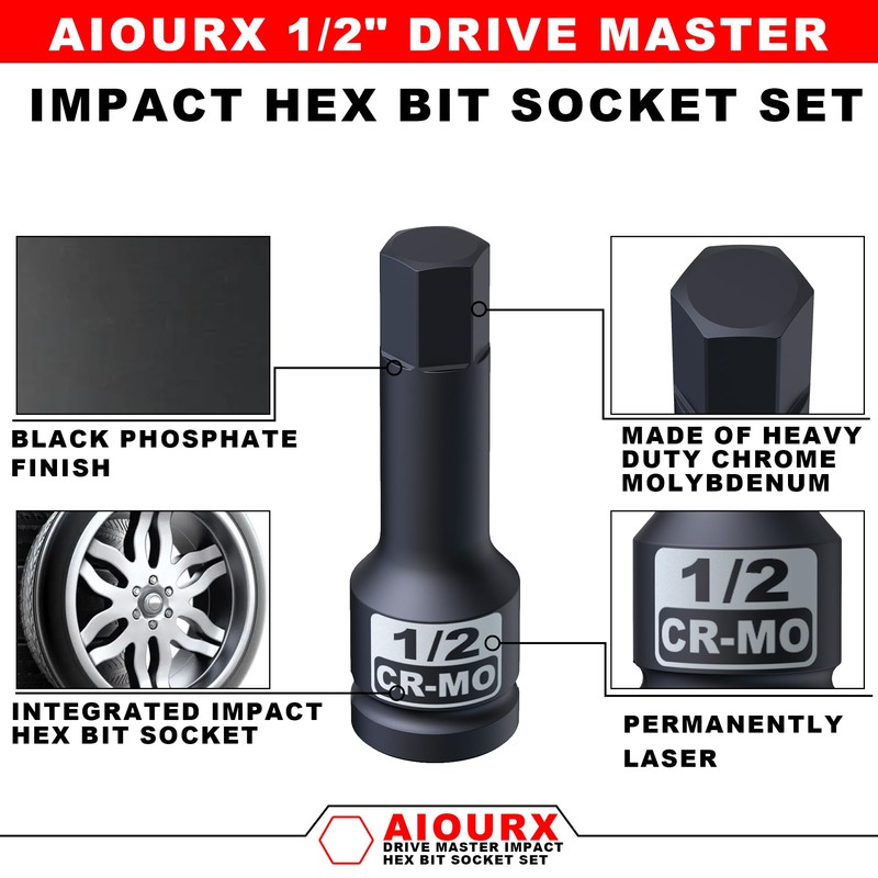 Aiourx 1/2" Drive Master Impact Hex Bit Socket Set, SAE,