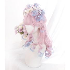 Sizuuenn Women's Lolita, Women's Full Wig, Long Hair, Curly Pink, Cherry Blossom Flower, Cherry Blossom Pink Gradient Blue, Cute, Heat Resistant Wig, High Temperature Hair Yarn, Cosplay Wig, Dedicated