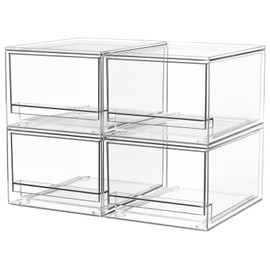 4 Pack Clear Stackable Storage Drawers, 4.4" Tall Acrylic Bathroom Makeup Organizer,Plastic Storage Bins For Vanity, Undersink, Kitchen Cabinets, Pantry, Home Organization and Storage