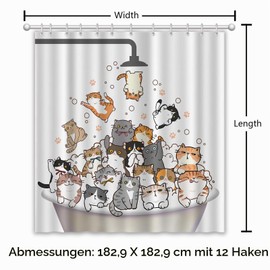APROPHIC Funny Shower Curtain 180 x 180 cm Cat for Children Cartoon Colourful Bathroom Curtain Textile Washable with 12 Hooks
