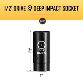 BOEN 1/2" Drive Deep Impact Socket,1 Inch Premium Socket,SAE,6 Point,Cr-V Steel with Laser Marking - Strong and Durable