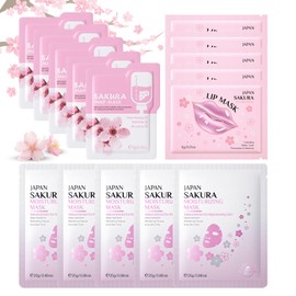 ISHERBIN 15Pcs Sakura Face Mask Skin Care - Korean Face Mask Set Clean Pore, Hydrating, Facial Mask Sheet Masks Kit - Clay Mud Mask & Lip Mask, Hydrating Face Masks Day & Night Care