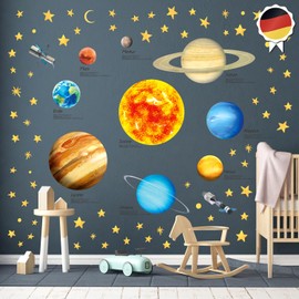 DECOWALL DS9-2007DE Solar System Wall Sticker Children's Room Decoration Living Room Bedroom Playroom Dark Earth Sun Playroom Education Baby Boys Girls Star (German Version)