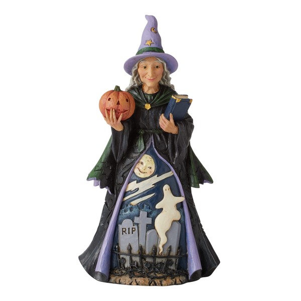 Enesco Jim Shore Heartwood Creek Halloween Witch with Pumpkin and Graveyard Scene Figurine, 8.66 Inch, Multicolor