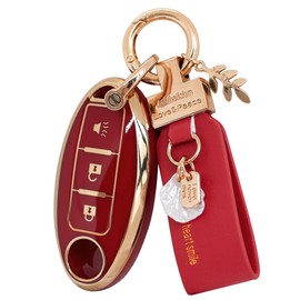 Fit for Nissan Key Fob Cover 3 Button, Smart Key Case for Altima Rogue Murano Pathfinder, Keys Shells with Keychain, Car Accessories Bling (RC3A Red)