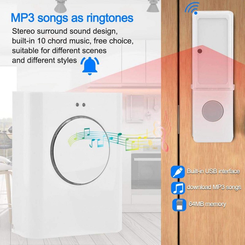 Waterproof Wireless Doorbell, MP3 Download Cordless Door Bell Ring with
